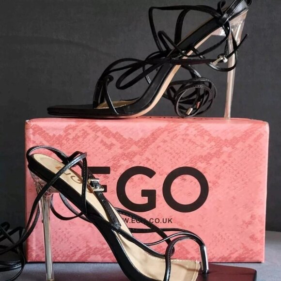 EGO Shoes Black Tie-Up Square Toe Stiletto Heel Sandals with Clear Heel. Size 8. - Picture 1 of 8